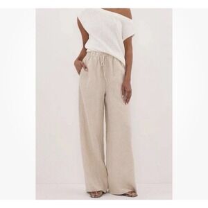 DISSH Gina Linen Wide Leg Pants Natural Oatmeal Drawstring Elastic Waist Size 6